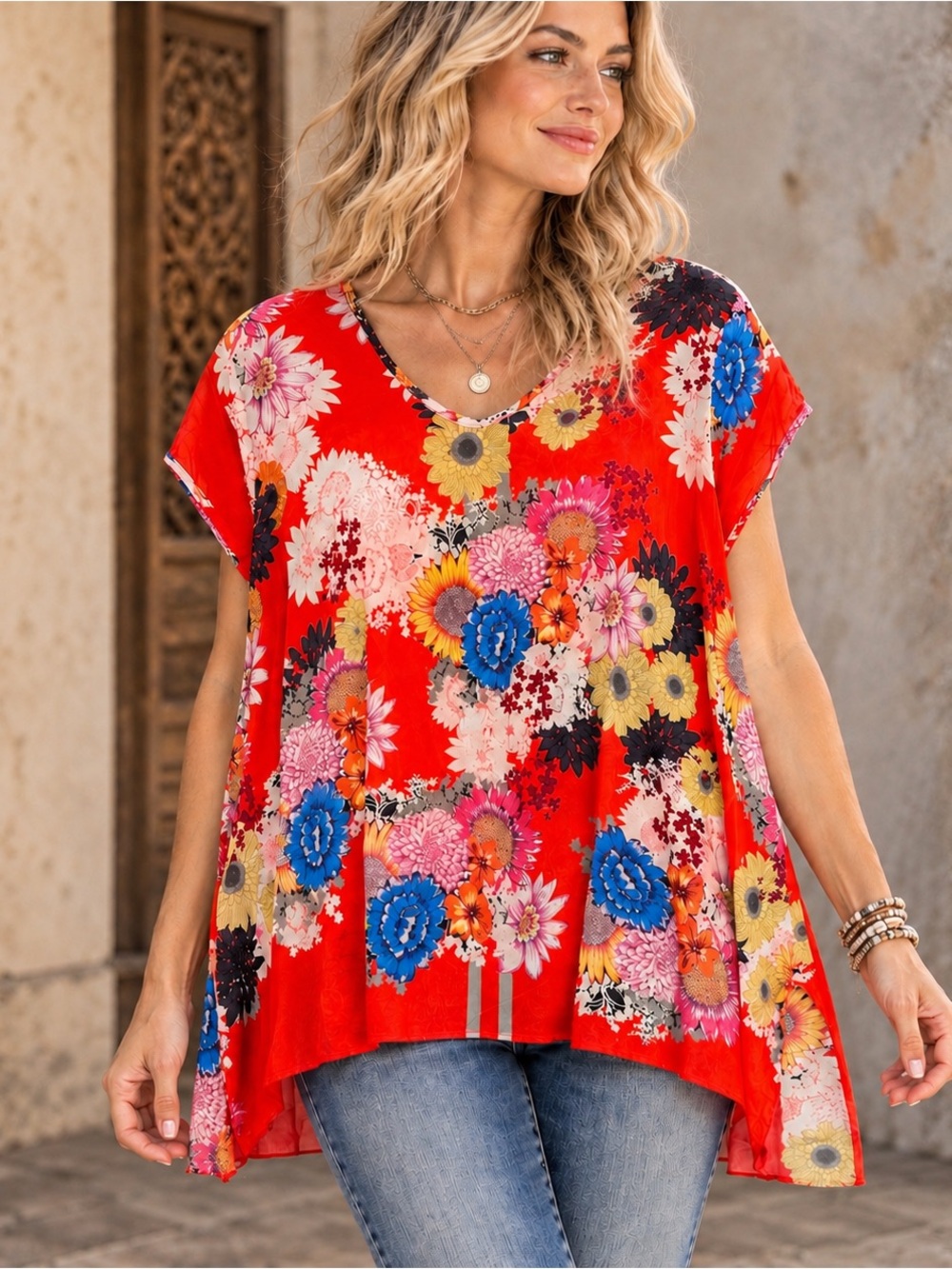 Johnny Was Cupra Rayon Hi-Low Side Split A-Line Tunic Blouse Red Boho S NEW